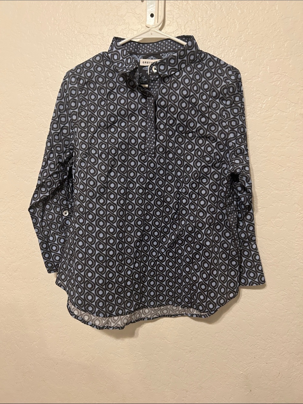 🧸GRETCHEN SCOTT blue & Grey Geometric Pullover Blouse size M GUC - Picture 2 of 9